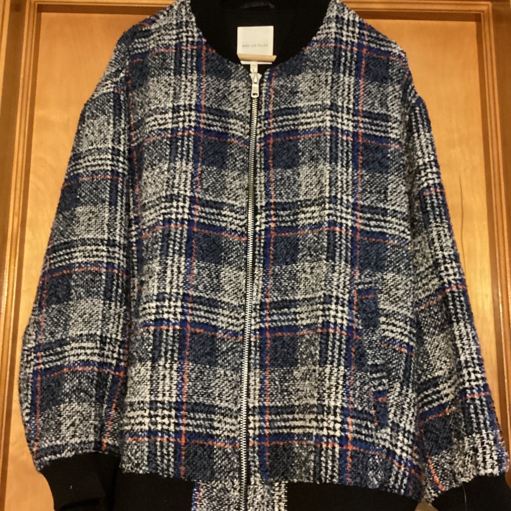 Avec Les Filles Plaid Tweed Bomber Jacket XXL
